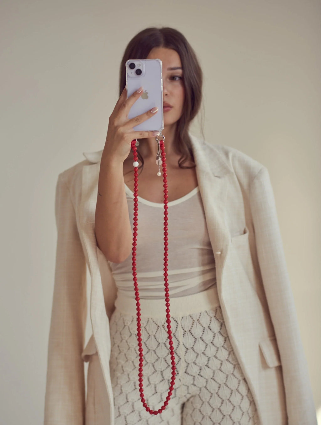 Beaded phone strap – red