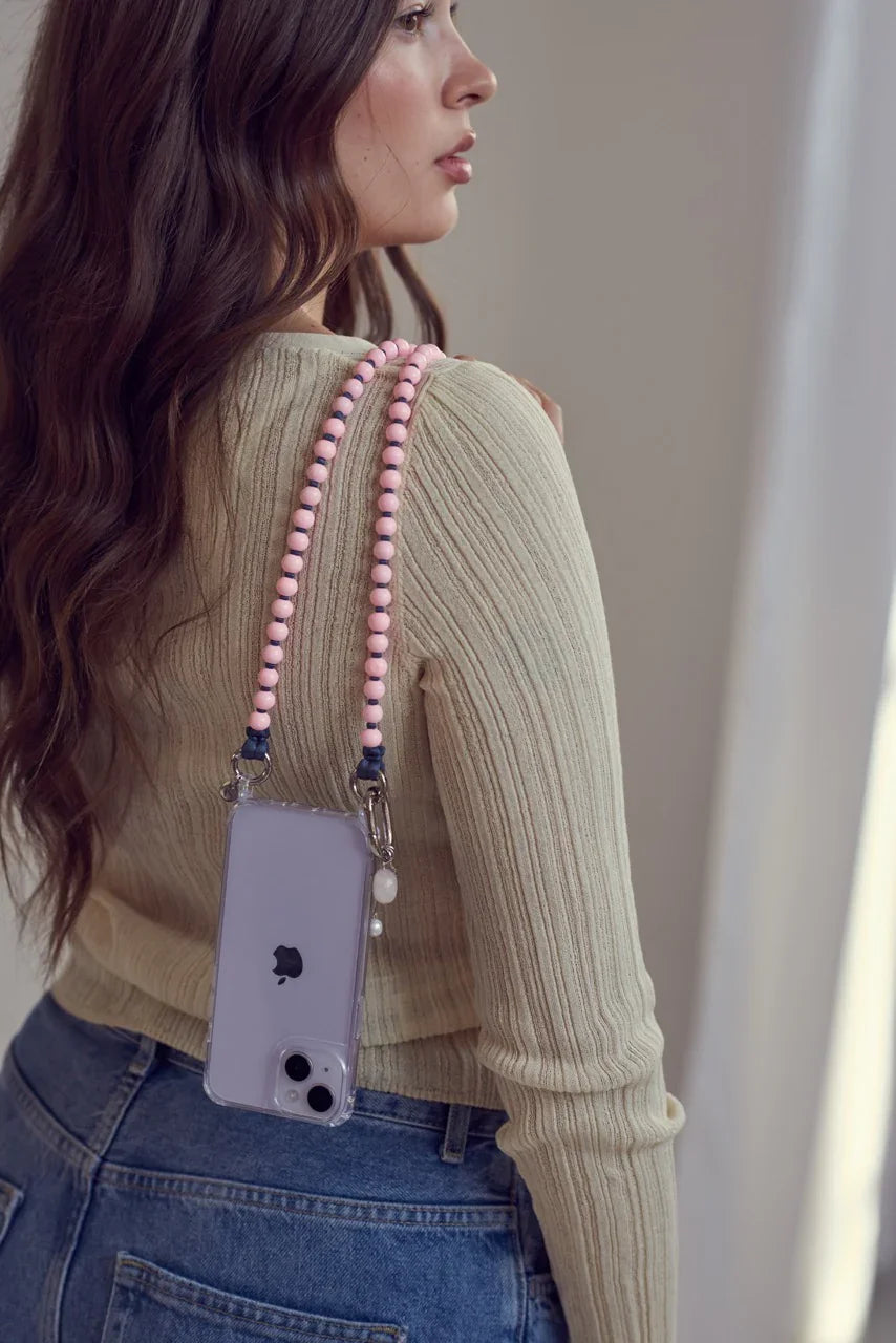 Korálkový popruh na telefon – růžová & šedá