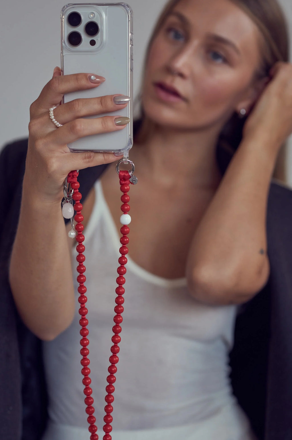 Beaded phone strap – red