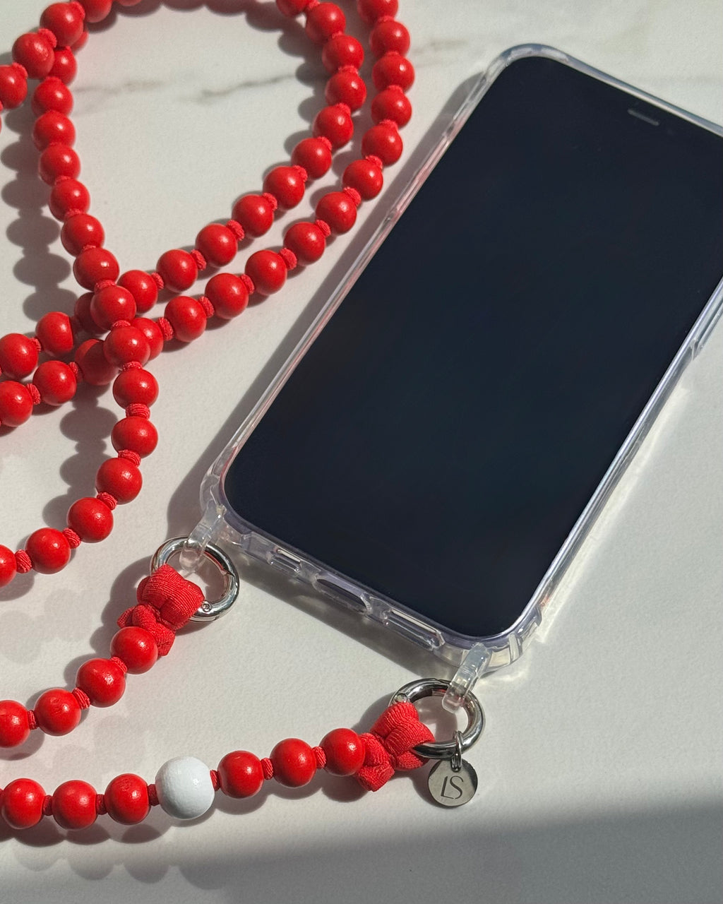 Beaded phone strap – red