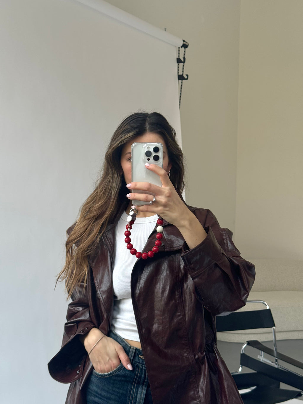 Mini korálkový popruh na telefon – Deep Red