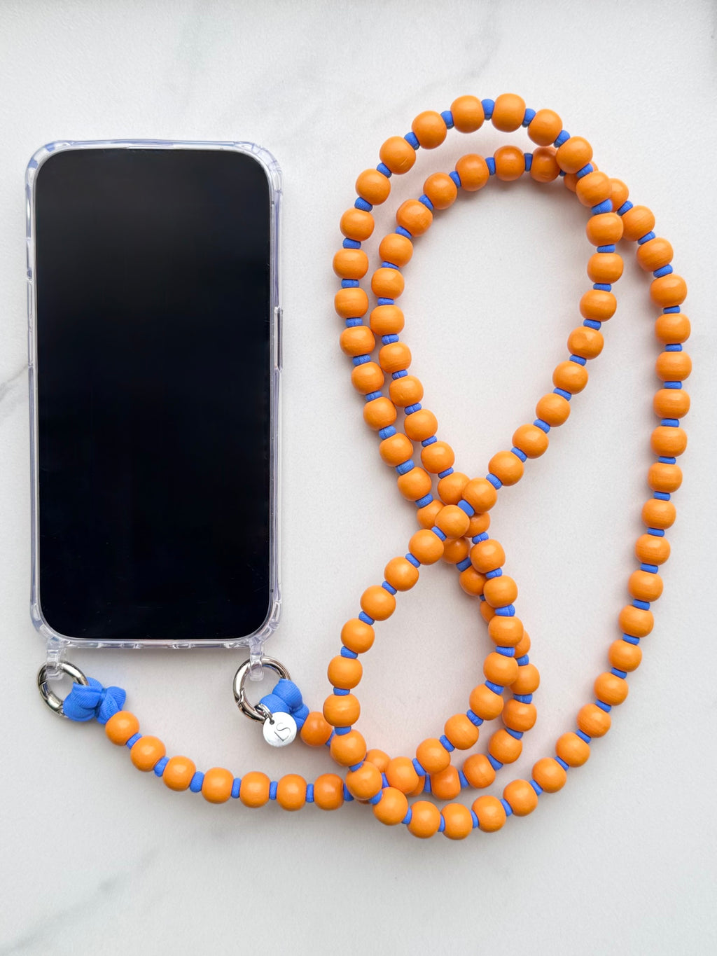 Korálkový popruh na telefon – oranžová & modrá