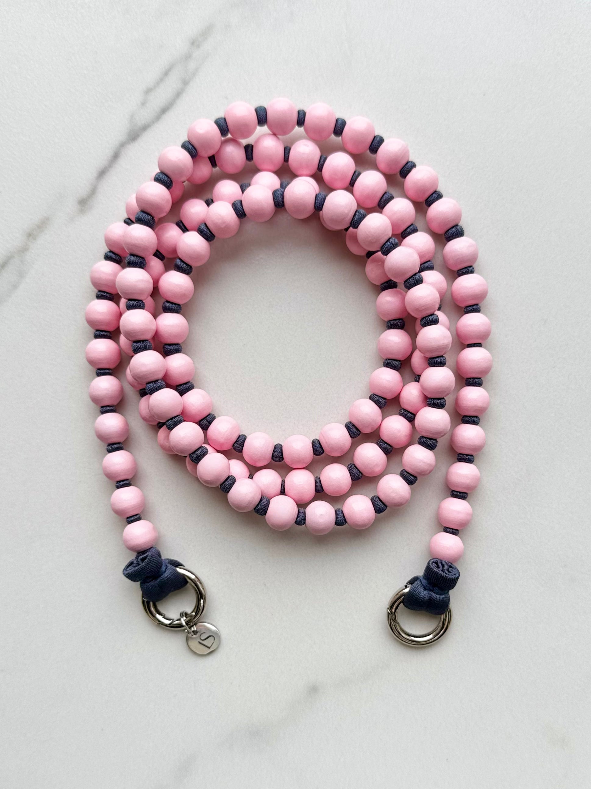 Korálkový popruh na telefon – růžová & šedá
