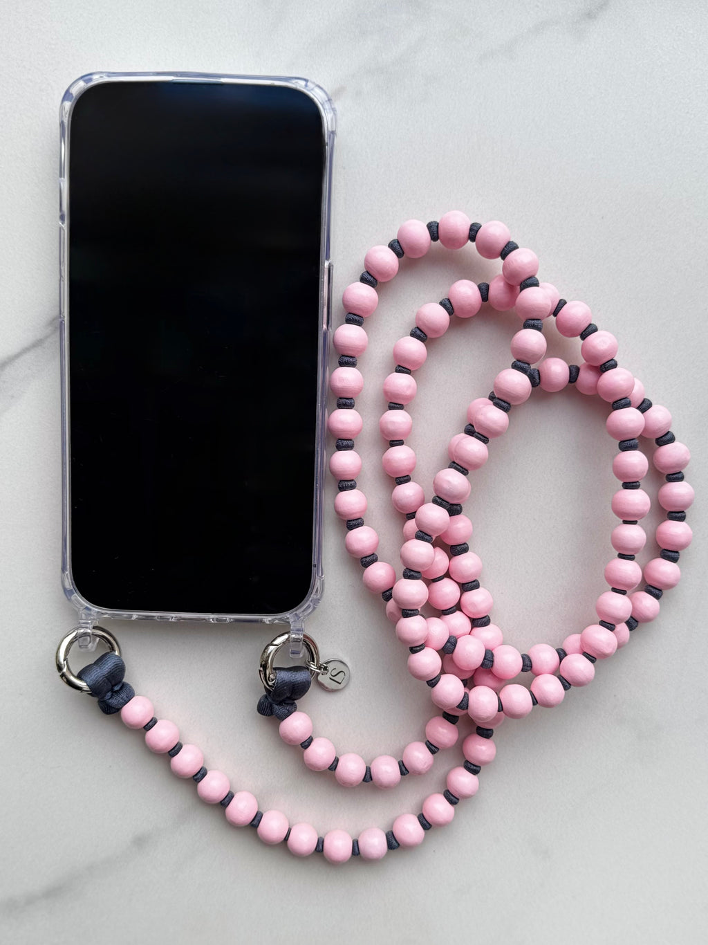 Korálkový popruh na telefon – růžová & šedá