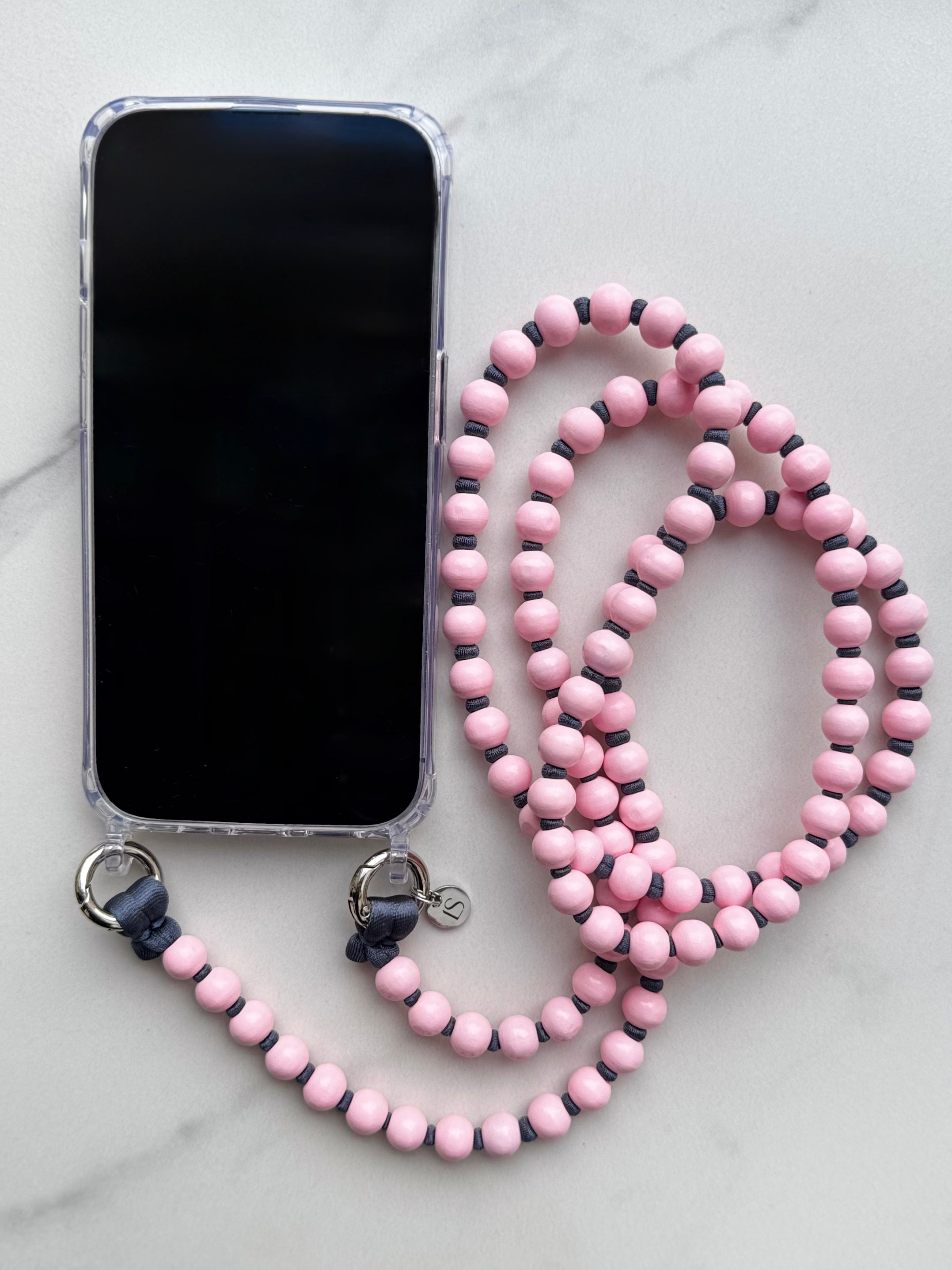 Korálkový popruh na telefon – růžová & šedá