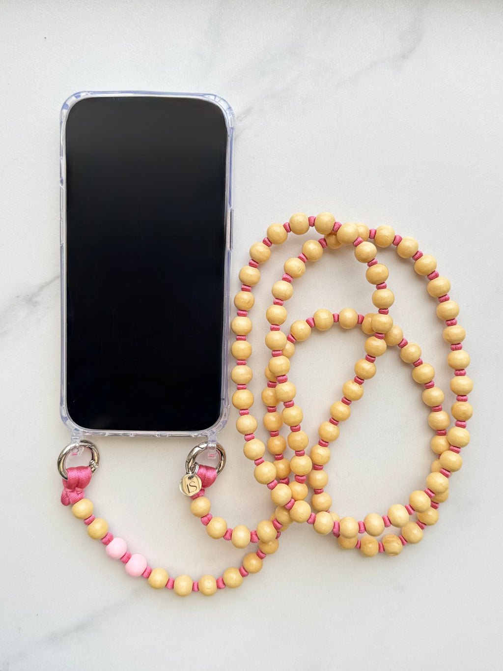 Korálkový popruh na telefon – přírodní & růžová