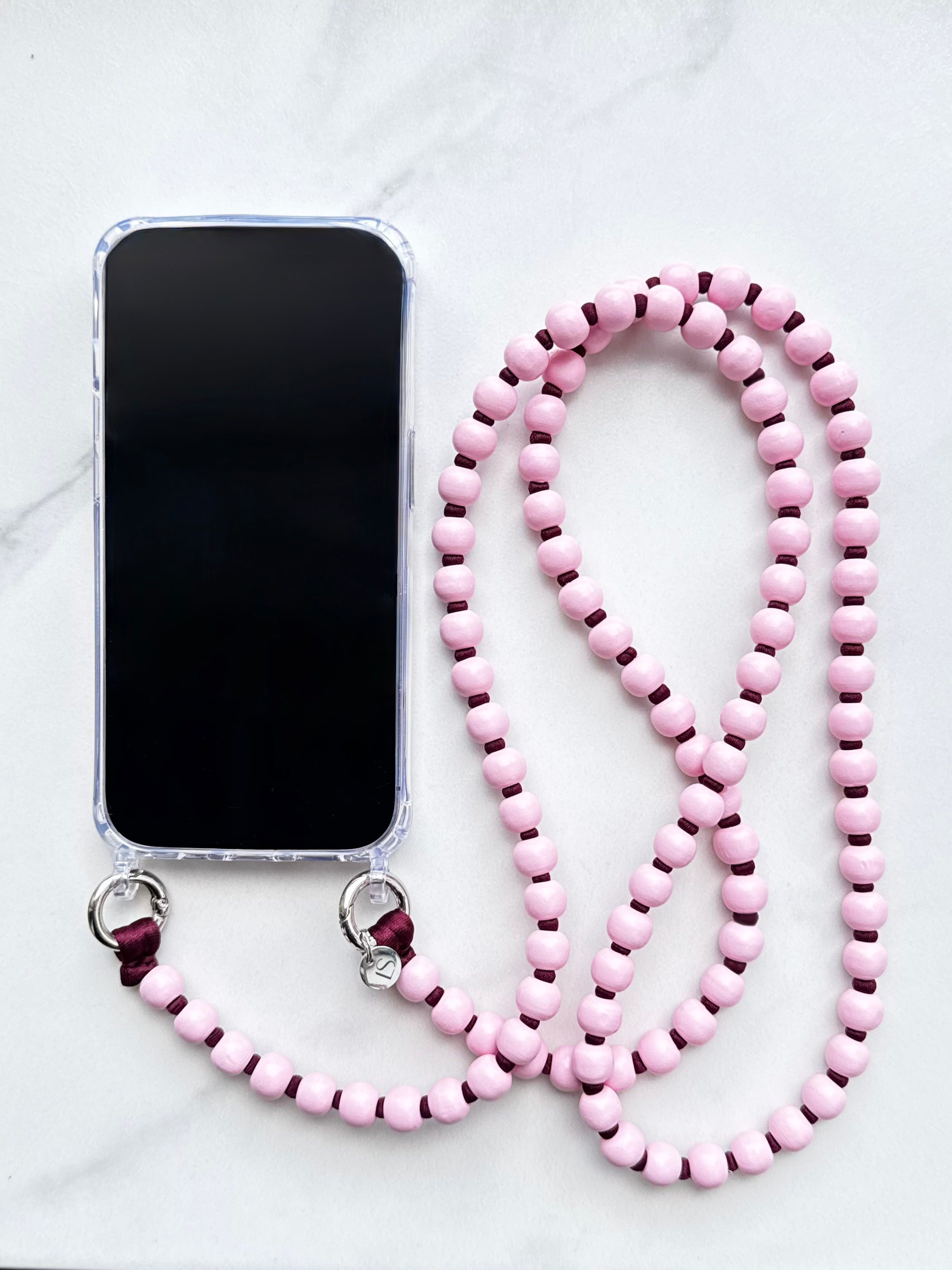 Korálkový popruh na telefon – růžová & burgundy