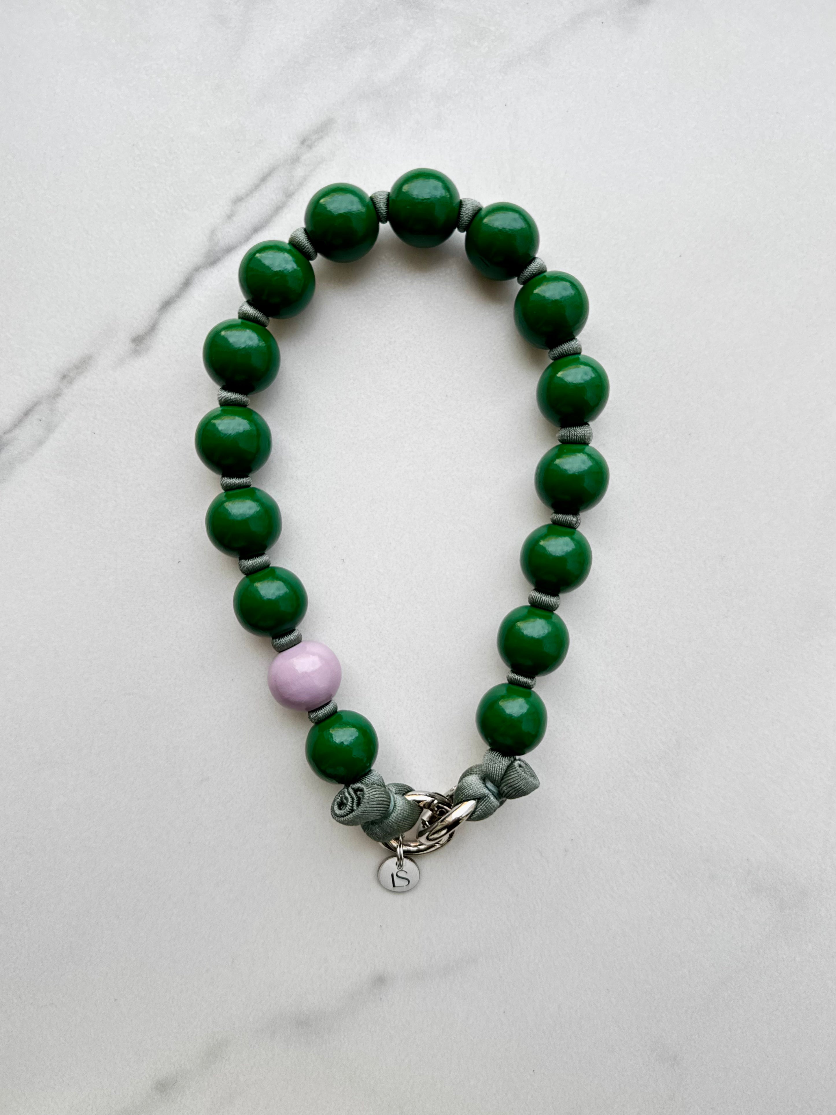 Mini korálkový popruh na telefon – zelená & fialová