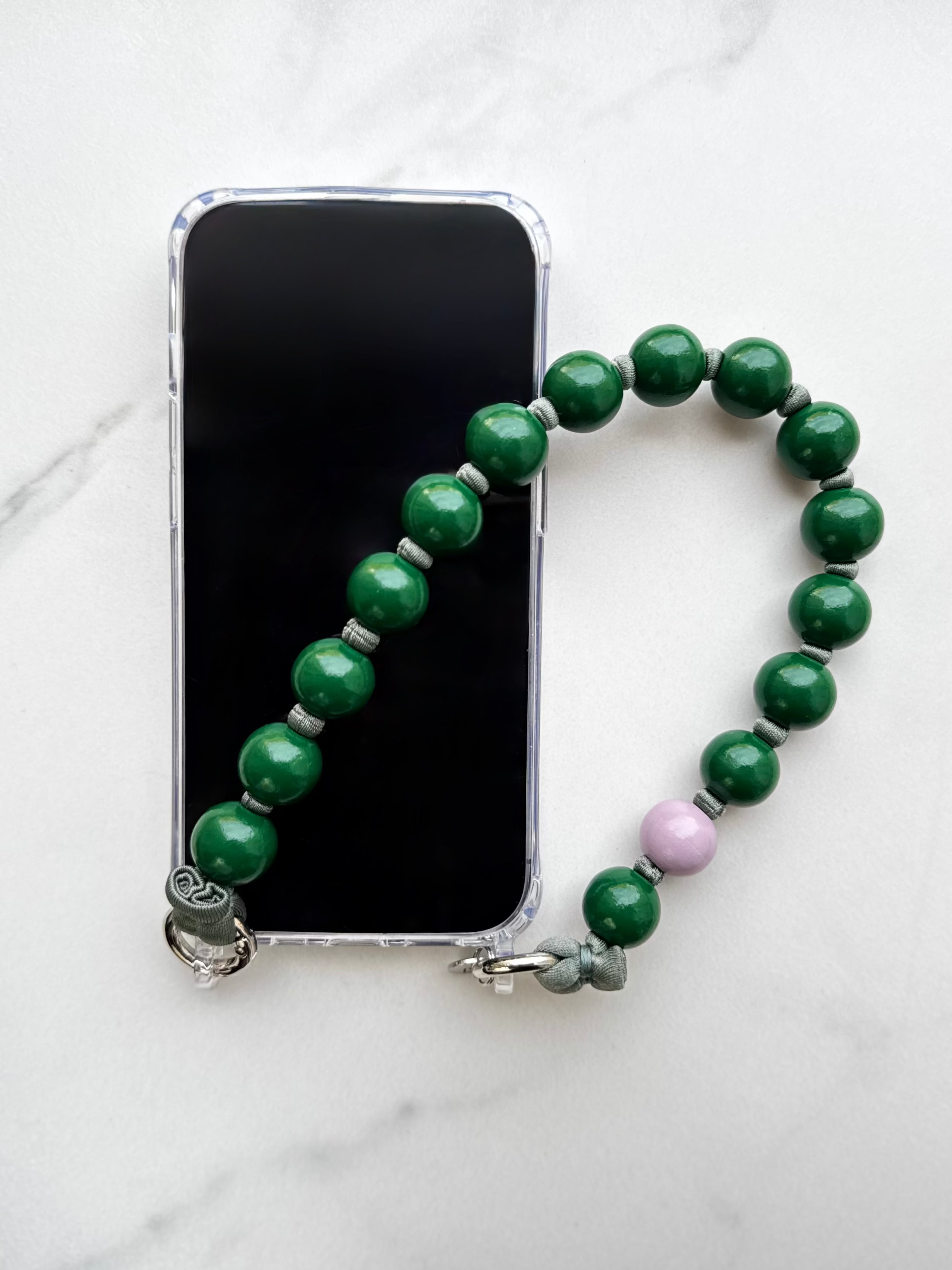 Mini korálkový popruh na telefon – zelená & fialová