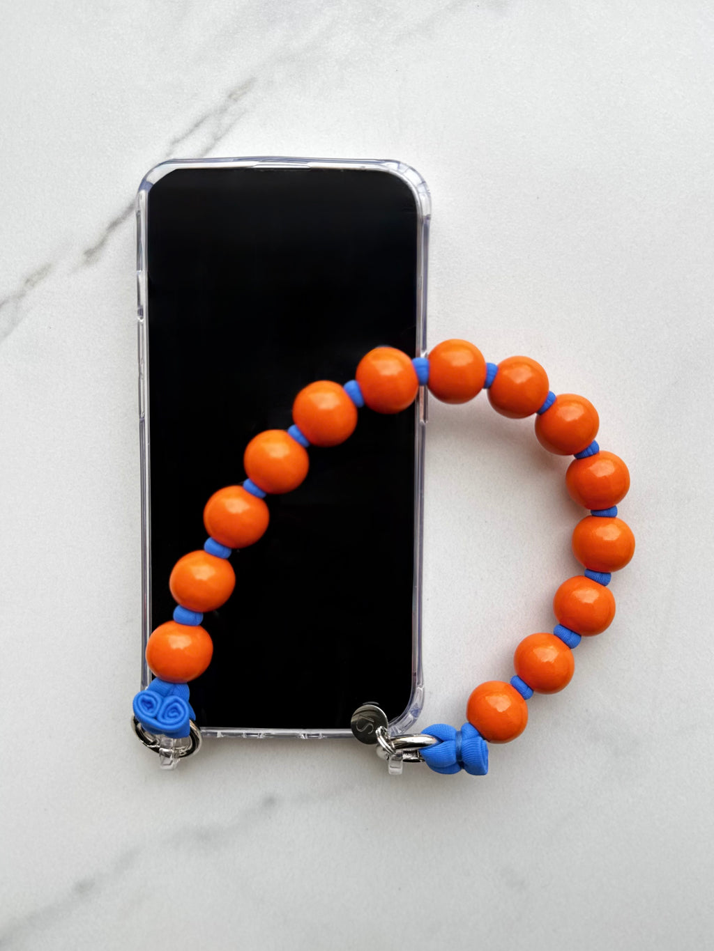 Mini korálkový popruh na telefon – oranžová & modrá