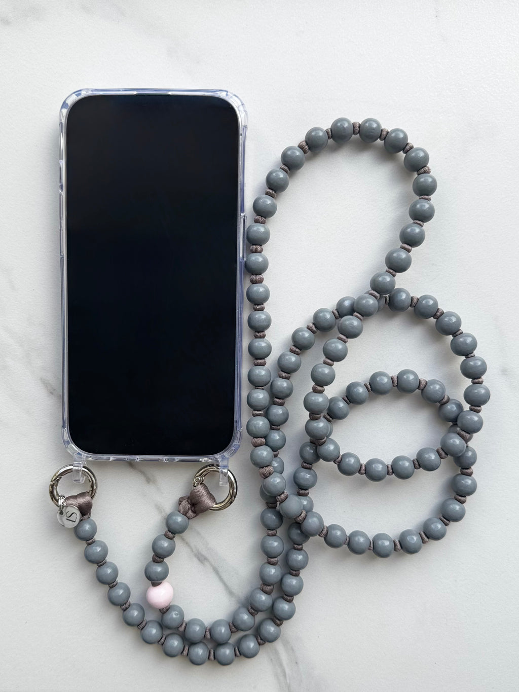 Beaded Phone Strap – Grey &amp; Pink