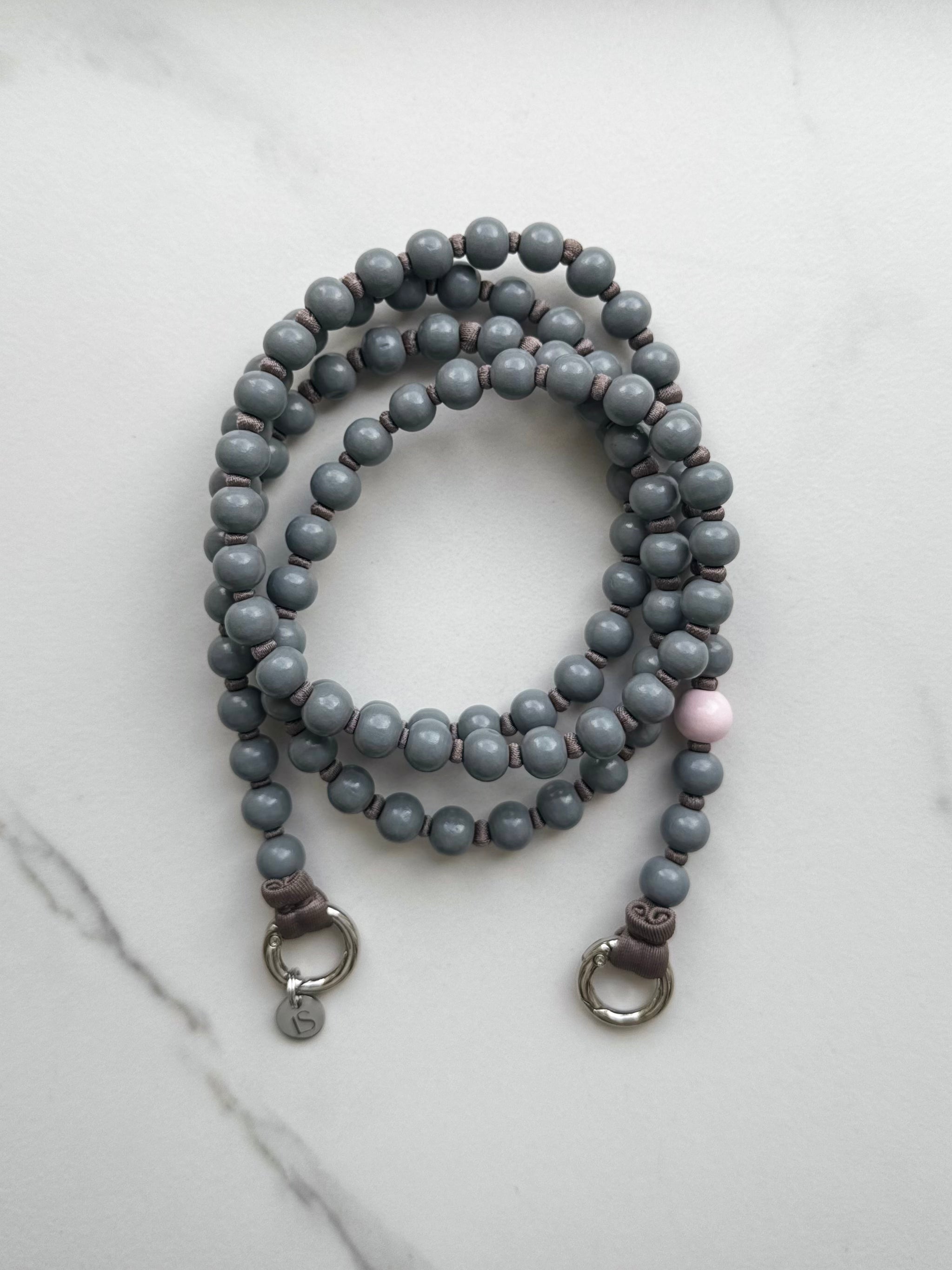 Beaded Phone Strap – Grey &amp; Pink