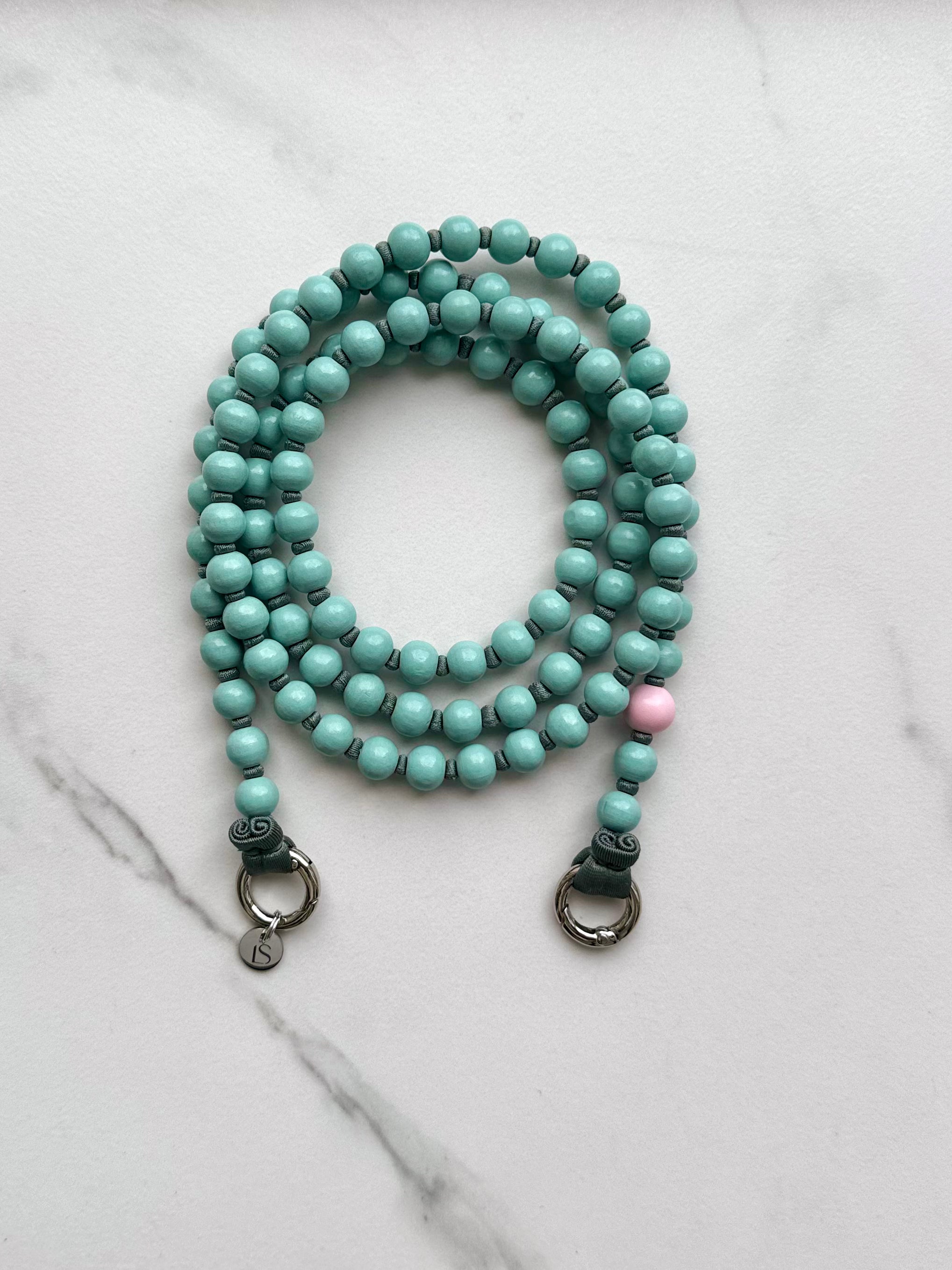 Beaded phone strap – mint &amp; pink