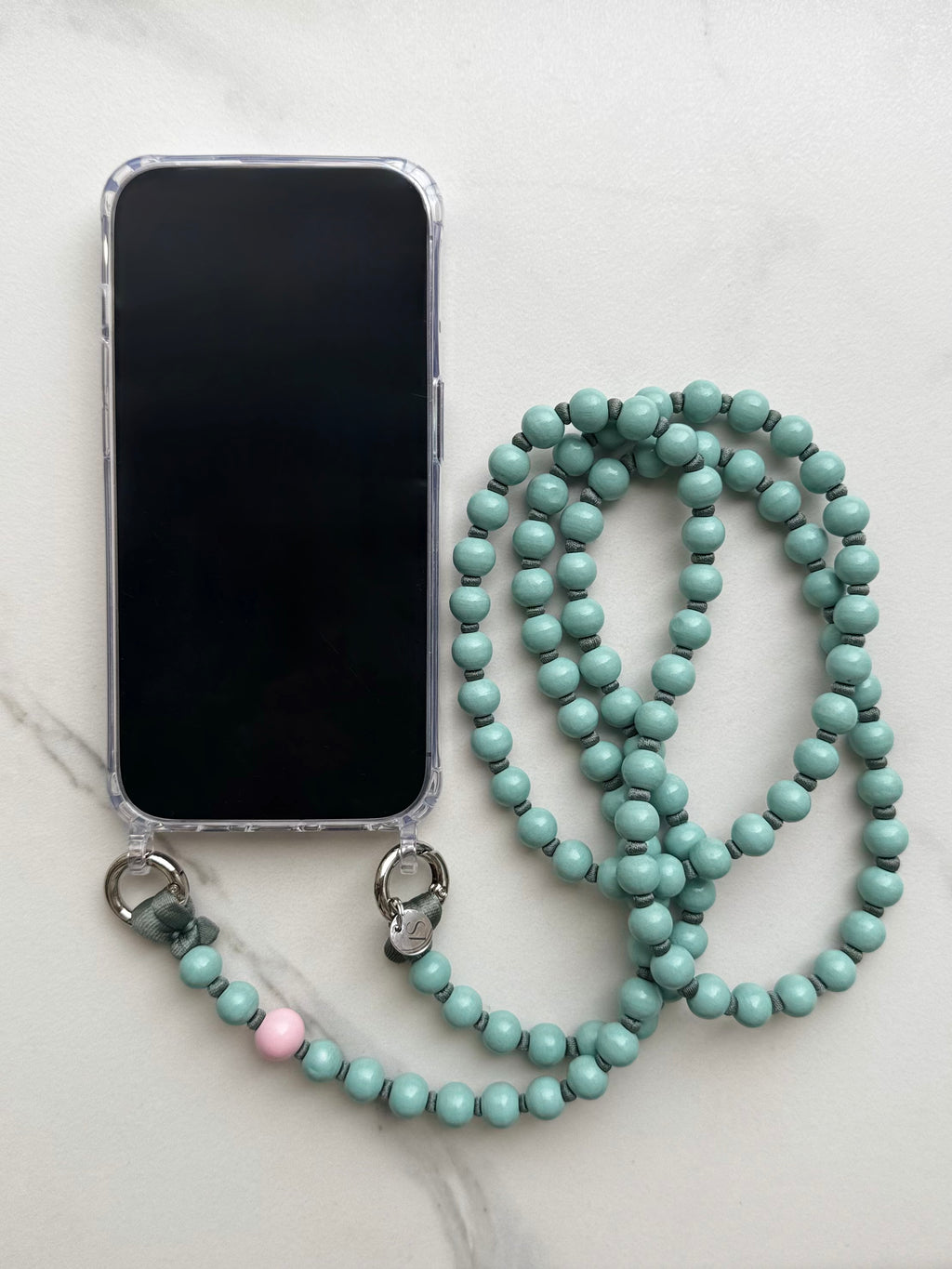 Beaded phone strap – mint &amp; pink