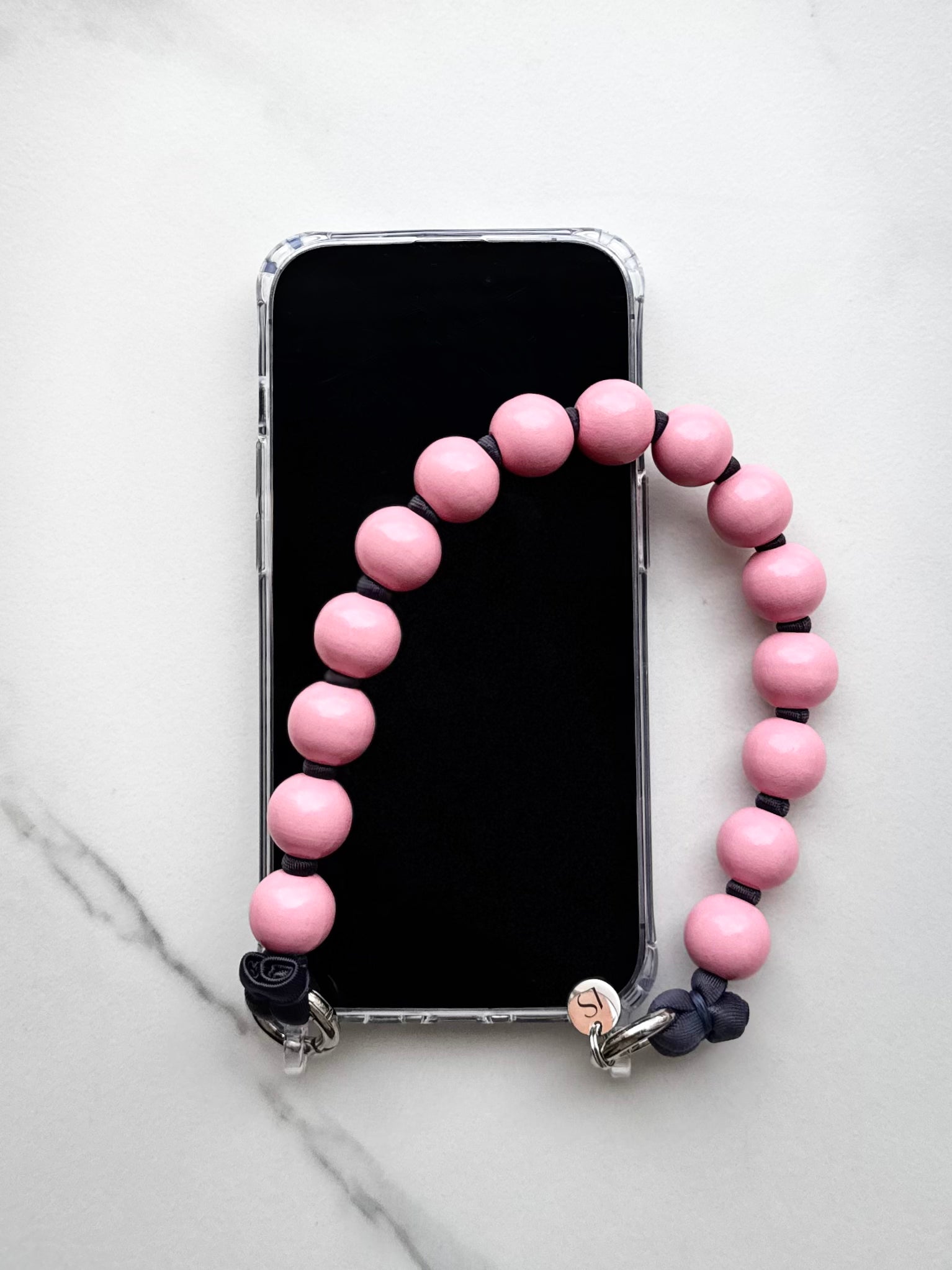 Mini korálkový popruh na telefon – růžová & šedá