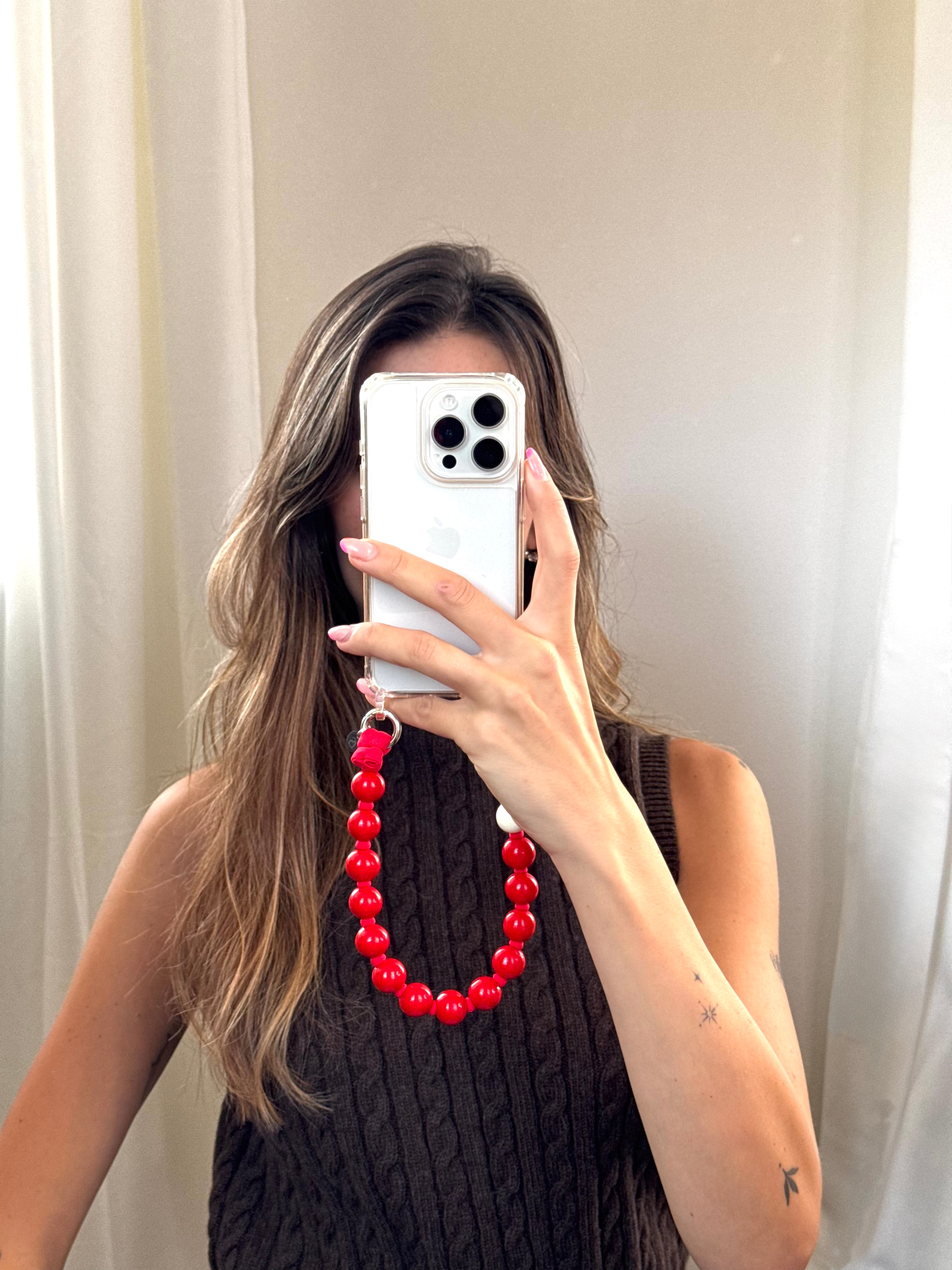 Mini korálkový popruh na telefon – červený