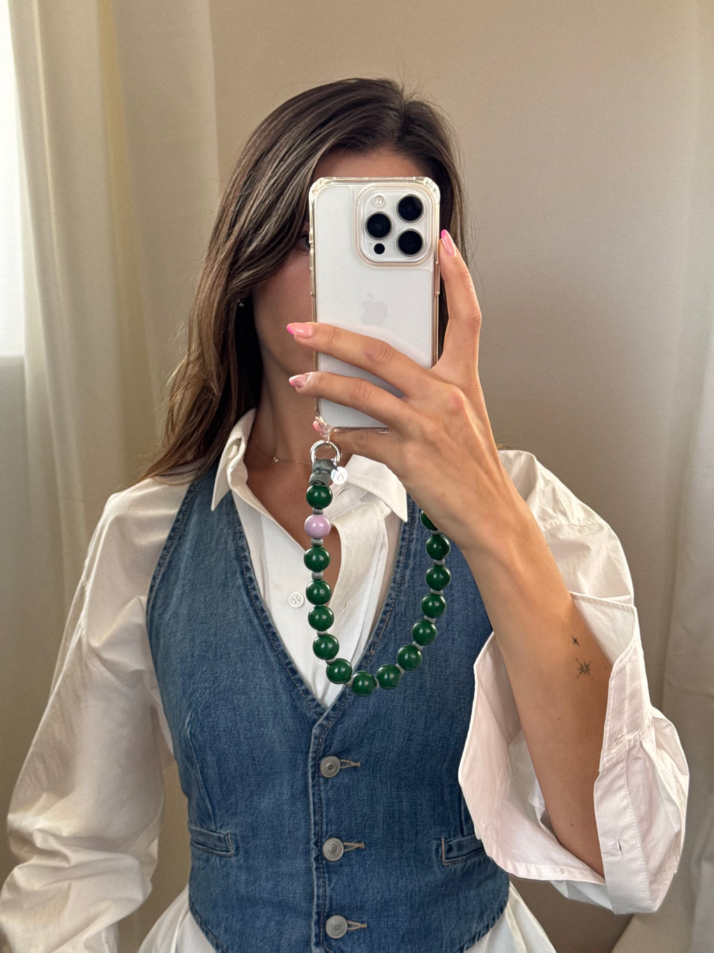 Mini beaded phone strap – green &amp; purple