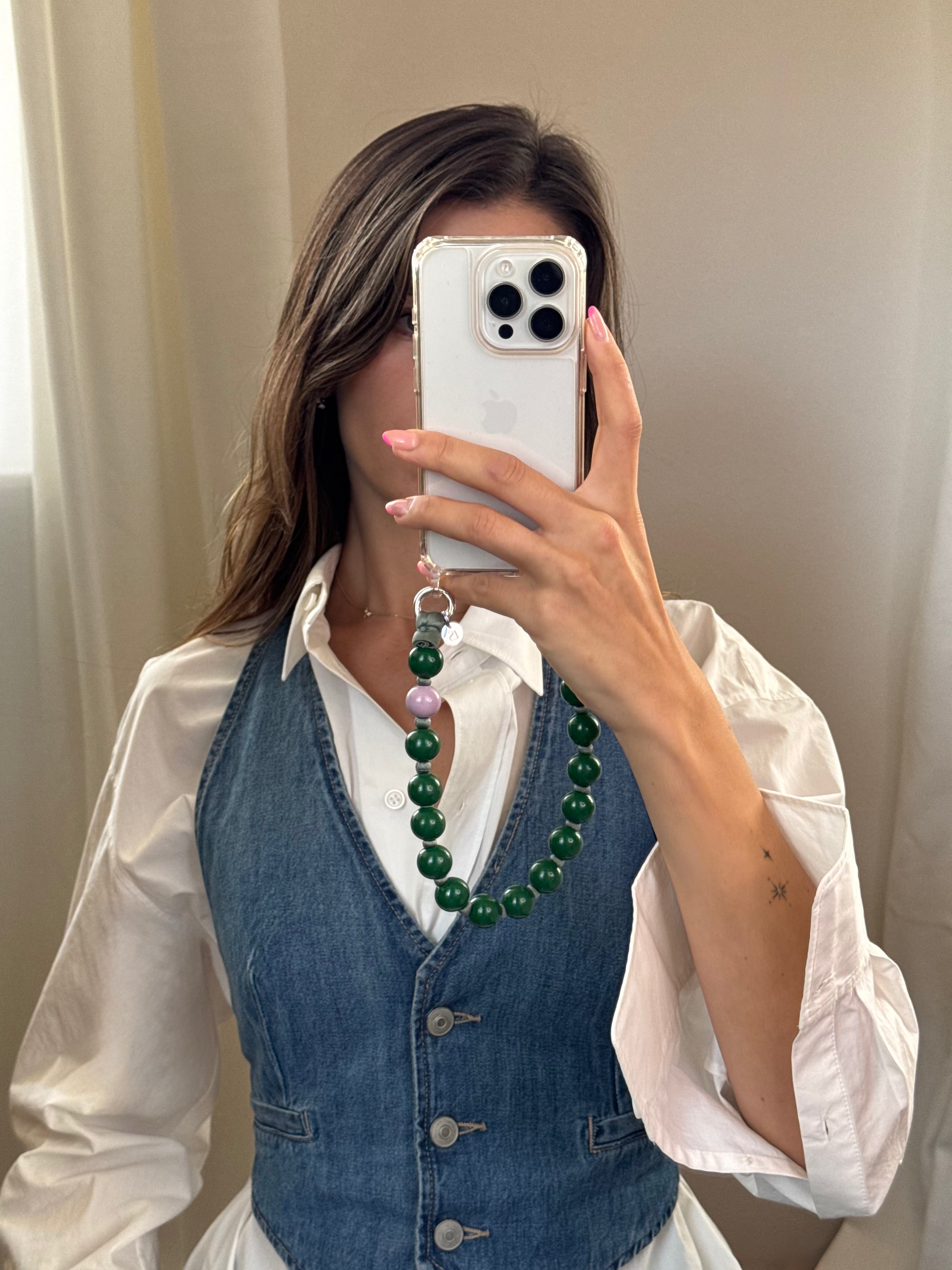 Mini korálkový popruh na telefon – zelená & fialová