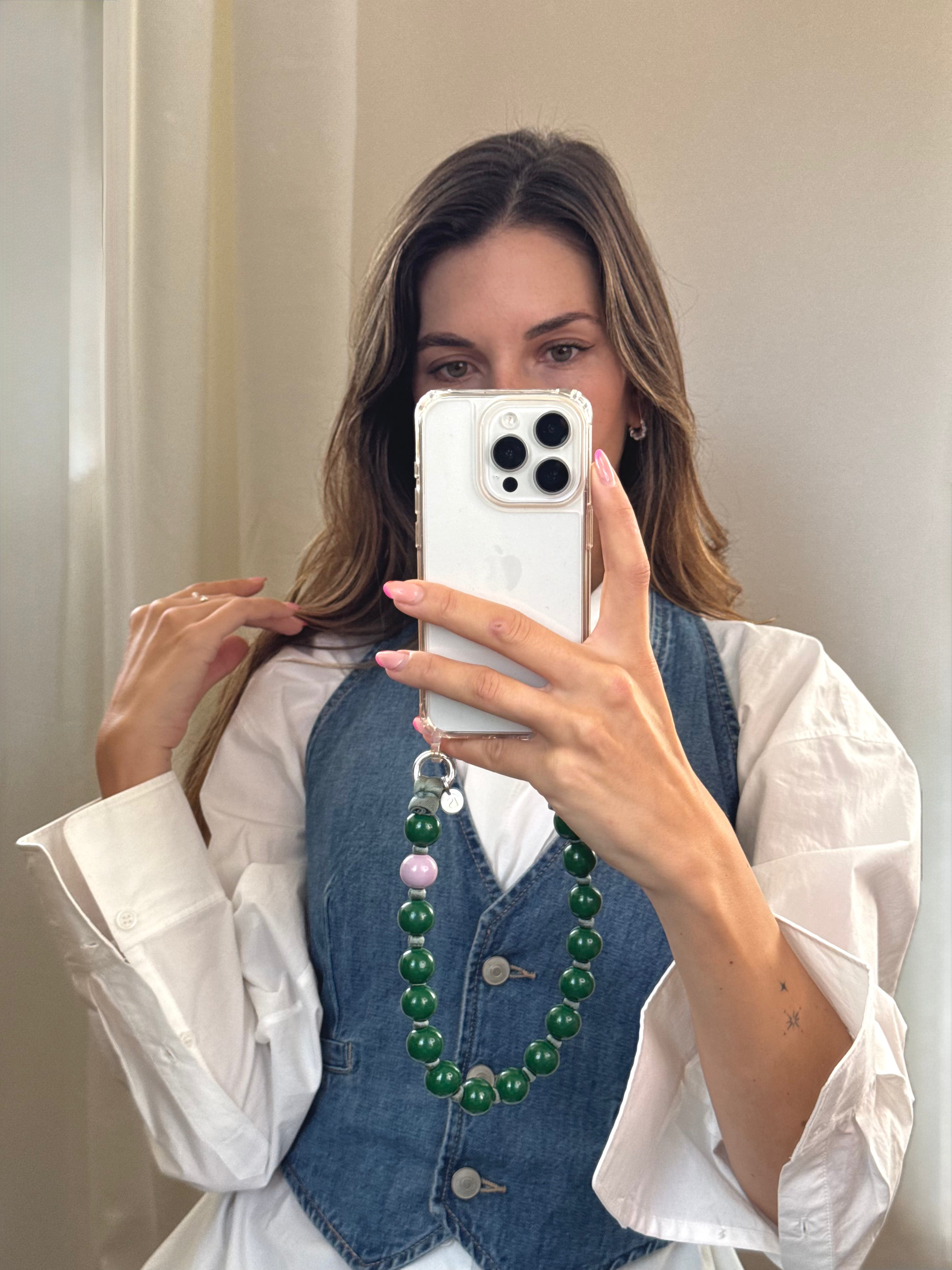 Mini korálkový popruh na telefon – zelená & fialová