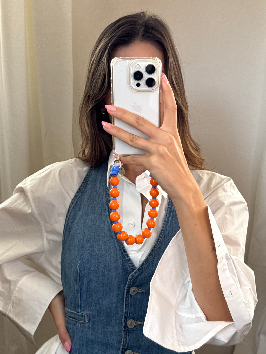 Mini korálkový popruh na telefon – oranžová & modrá