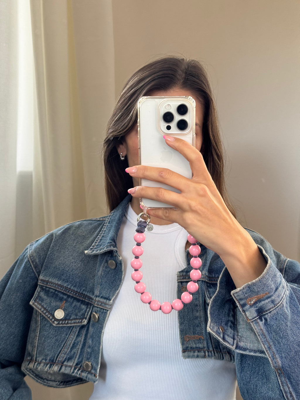 Mini Beaded Phone Strap – Pink &amp; Grey