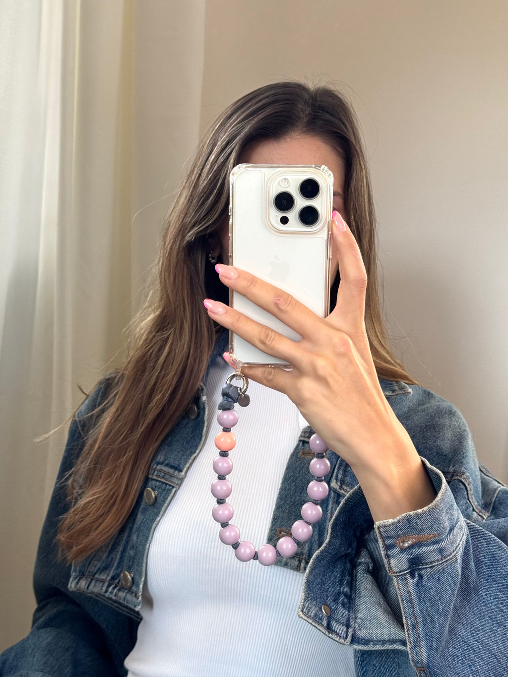 Mini Beaded Phone Strap – Purple &amp; Grey