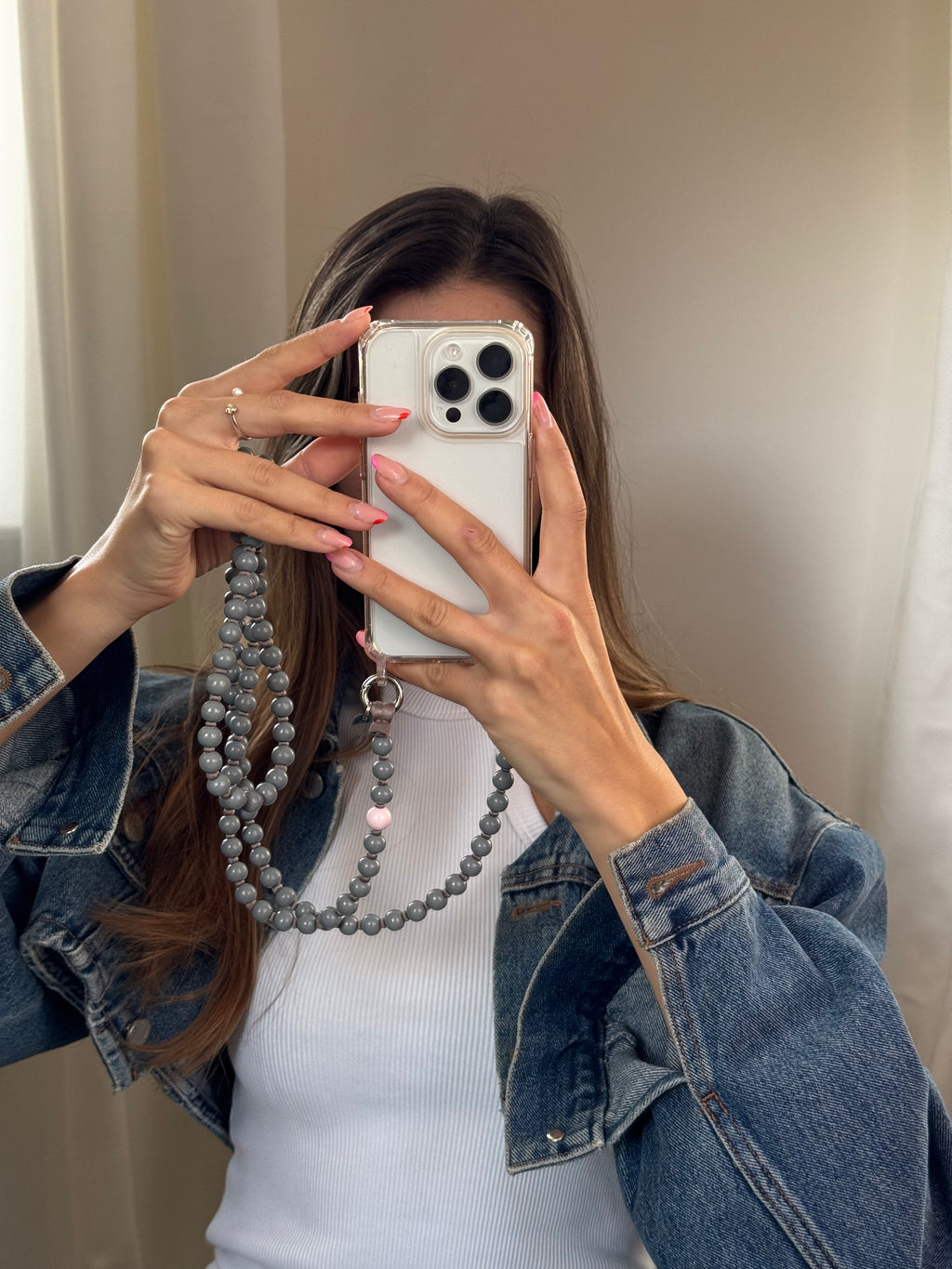 Beaded Phone Strap – Grey &amp; Pink