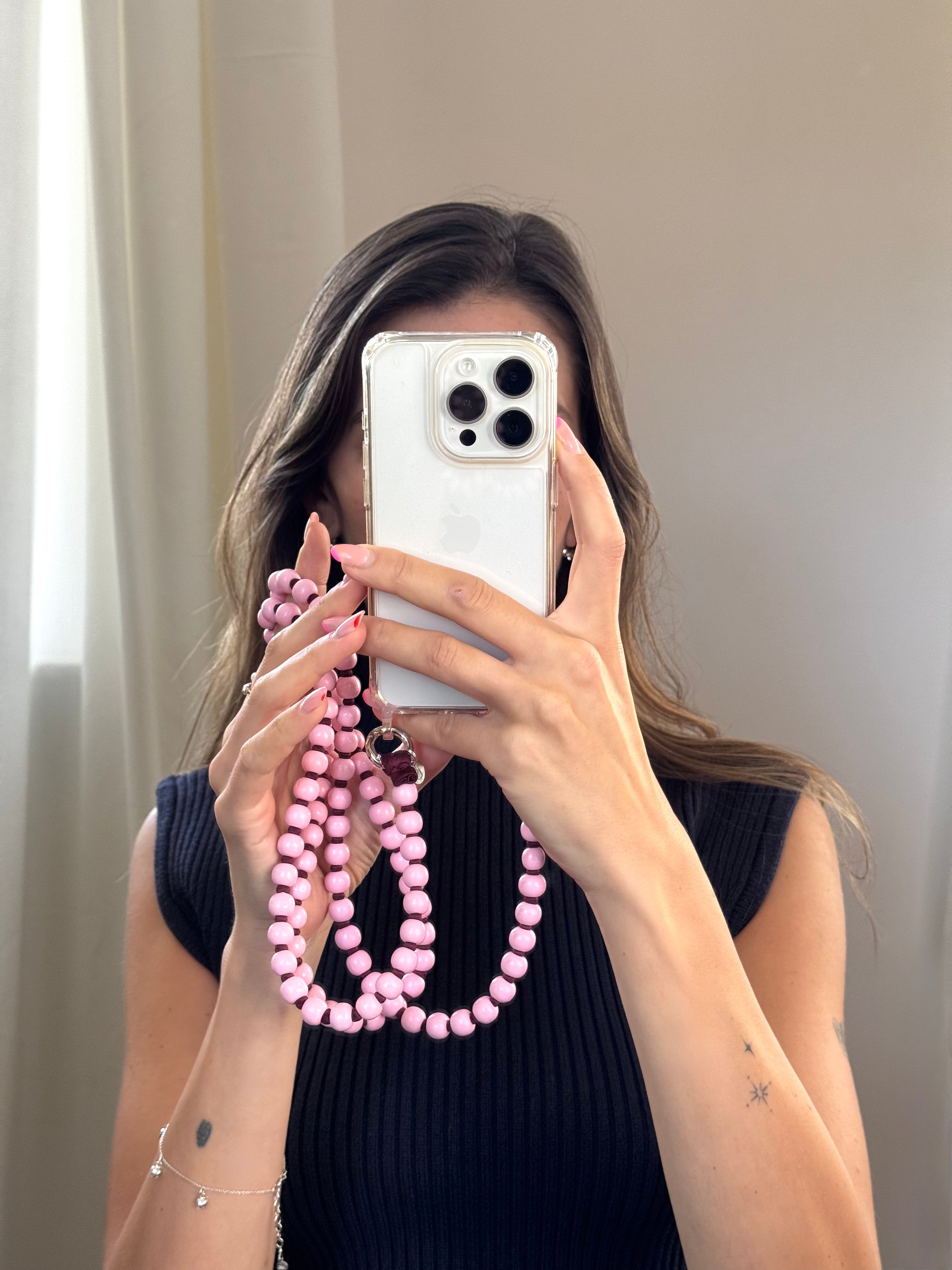 Korálkový popruh na telefon – růžová & burgundy