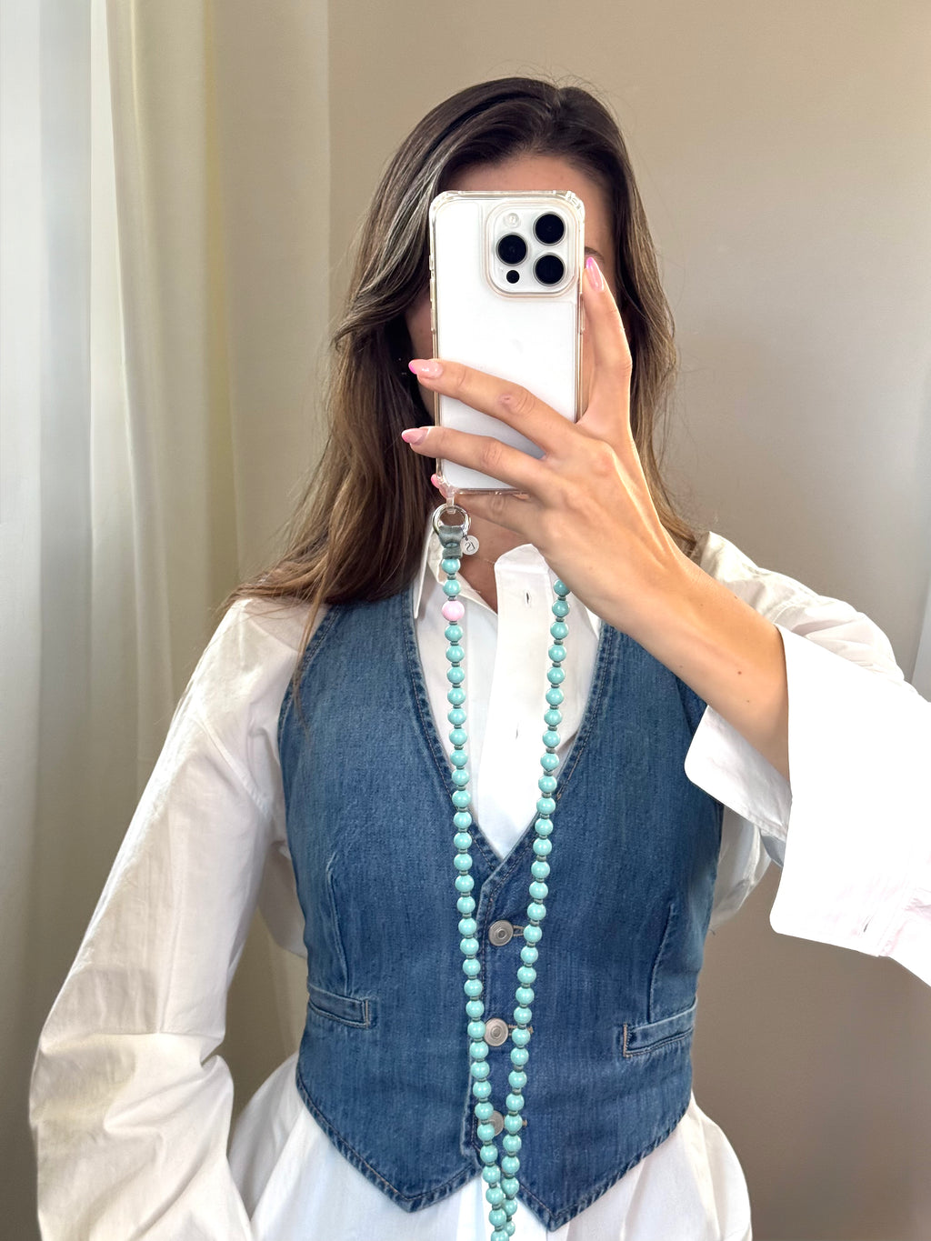 Beaded phone strap – mint &amp; pink