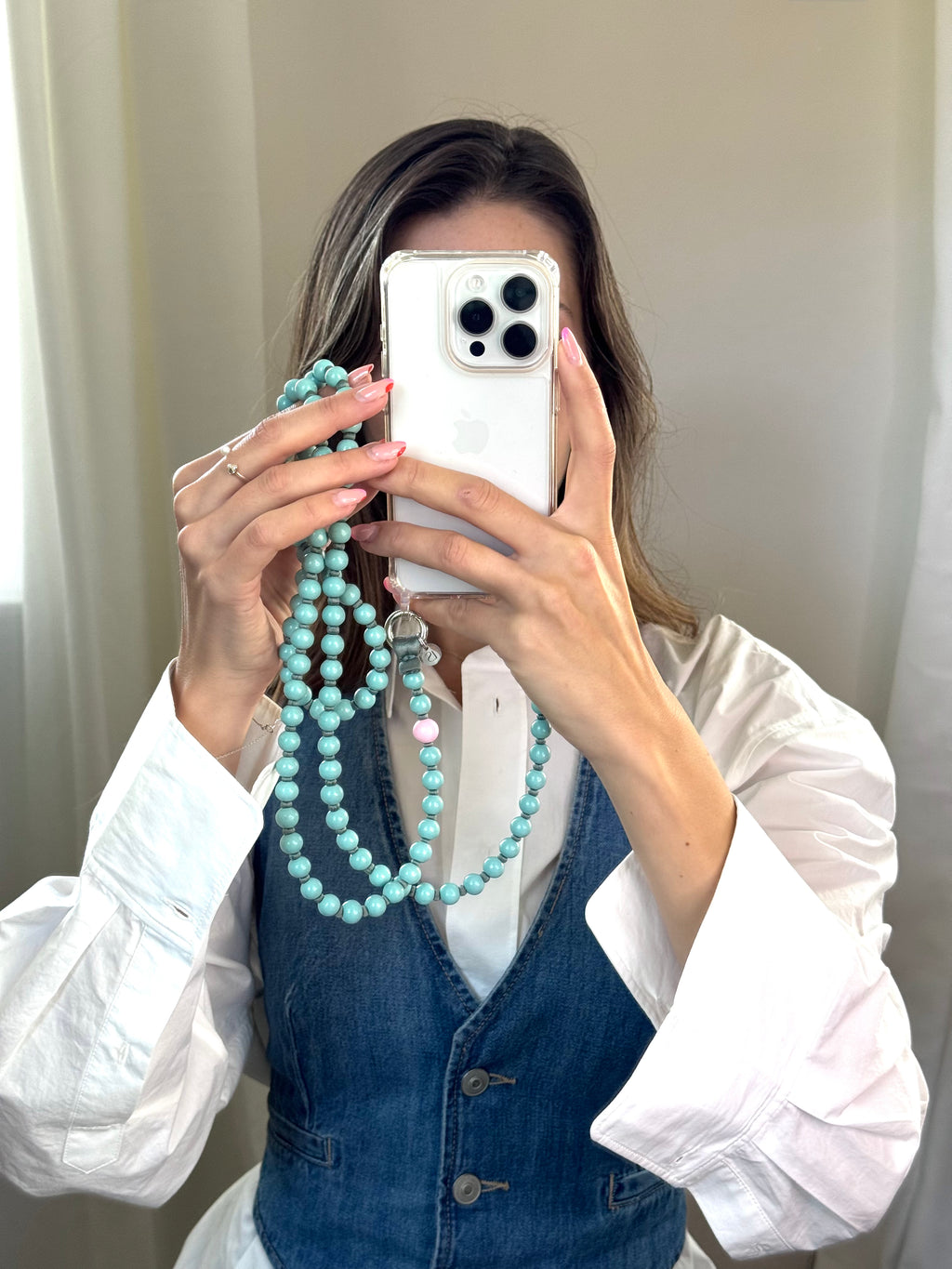 Beaded phone strap – mint &amp; pink