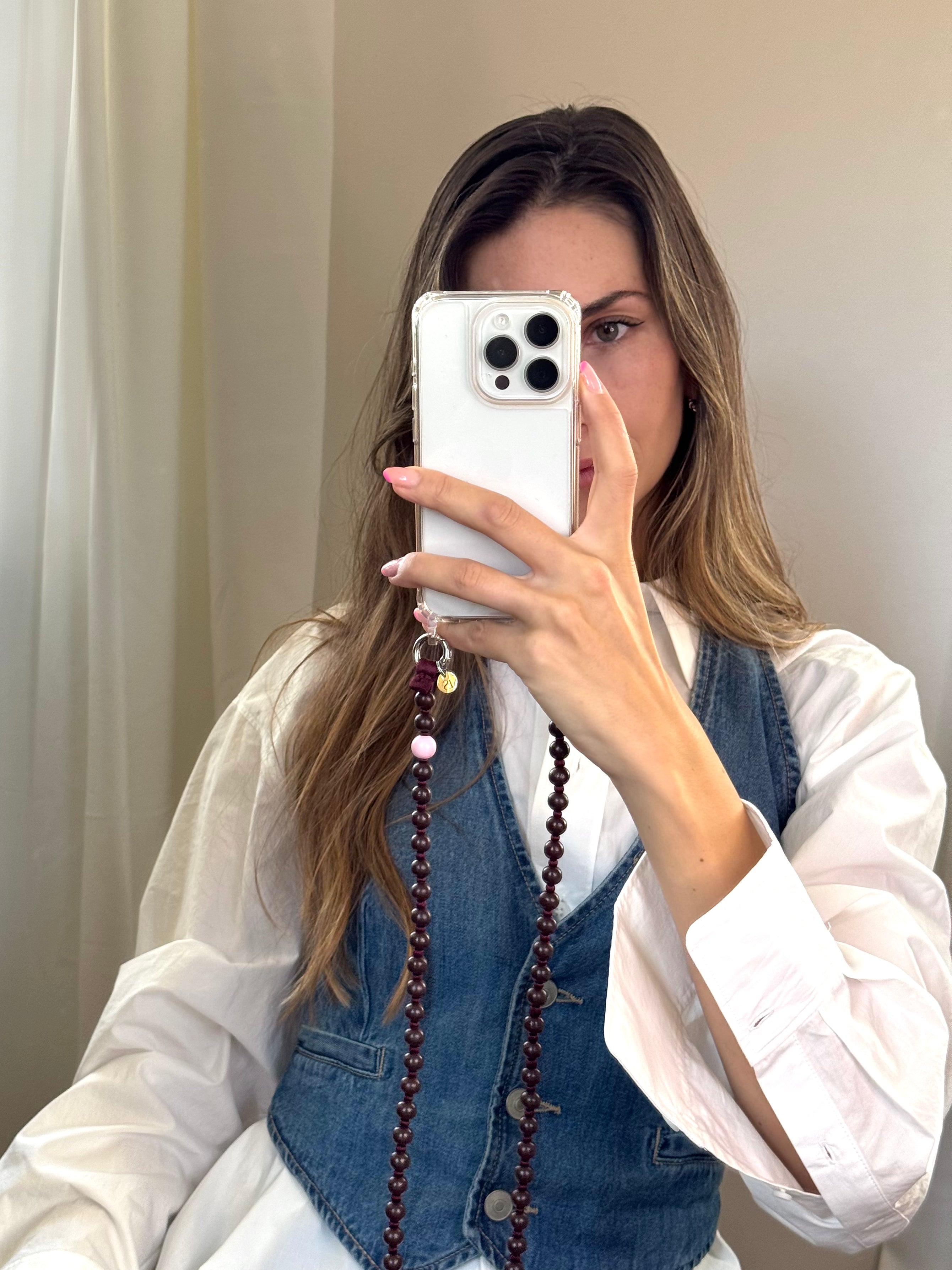 Korálkový popruh na telefon – hnědá & burgundy