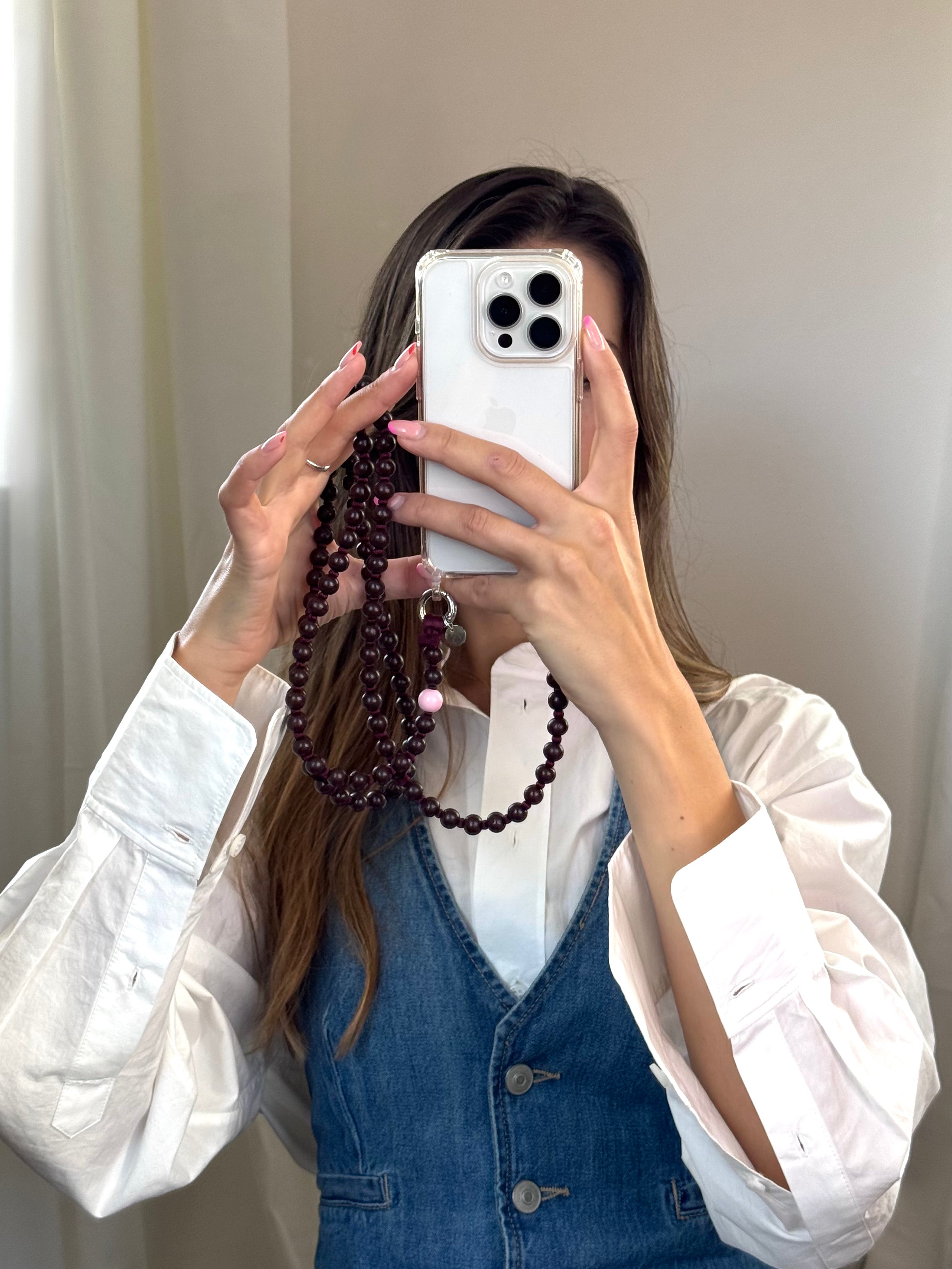 Korálkový popruh na telefon – hnědá & burgundy