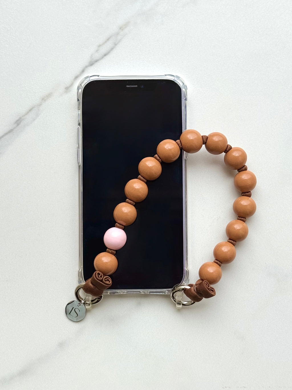Mini korálkový popruh na telefon – Caramel Glow