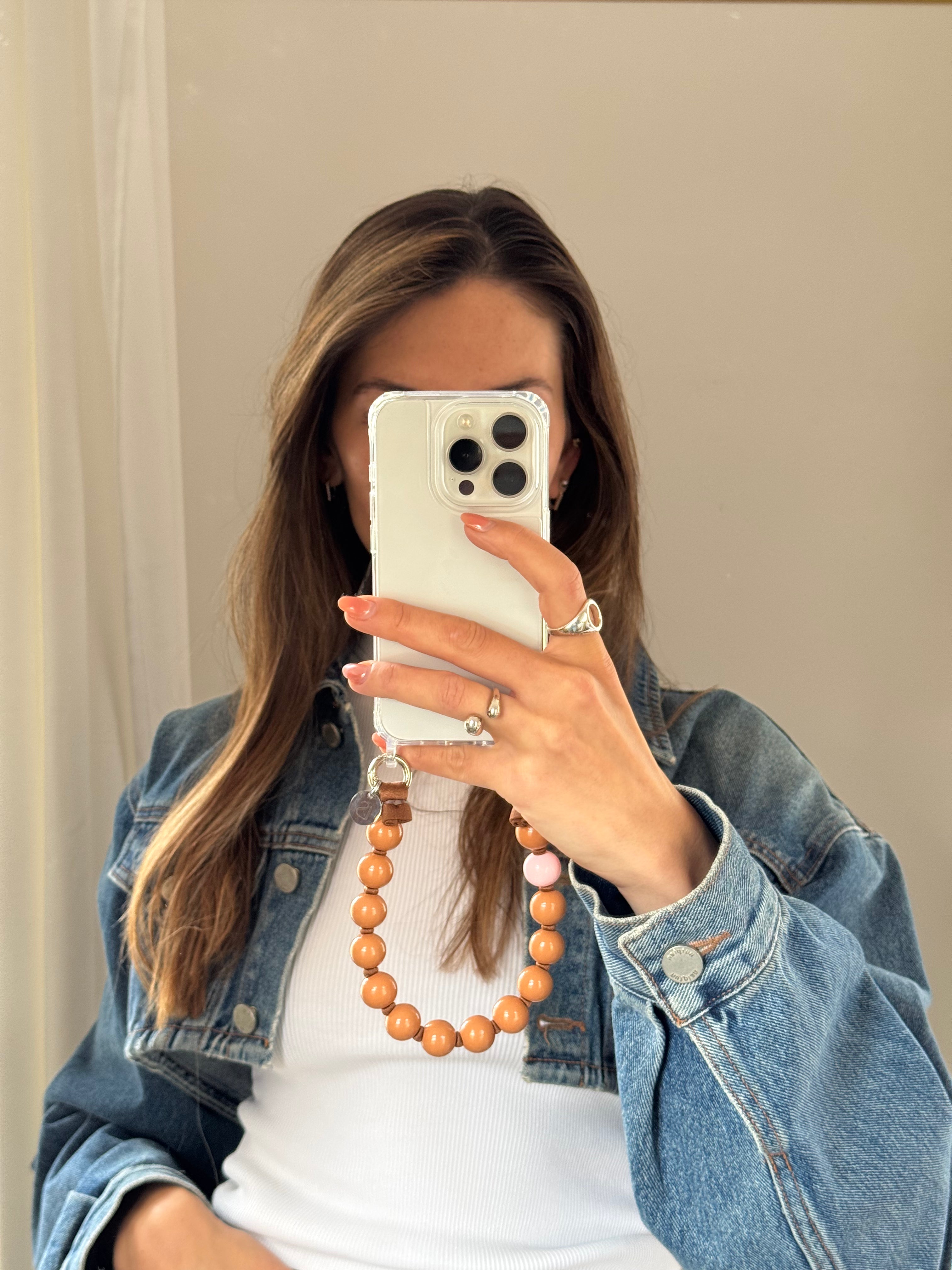 Mini korálkový popruh na telefon – Caramel Glow