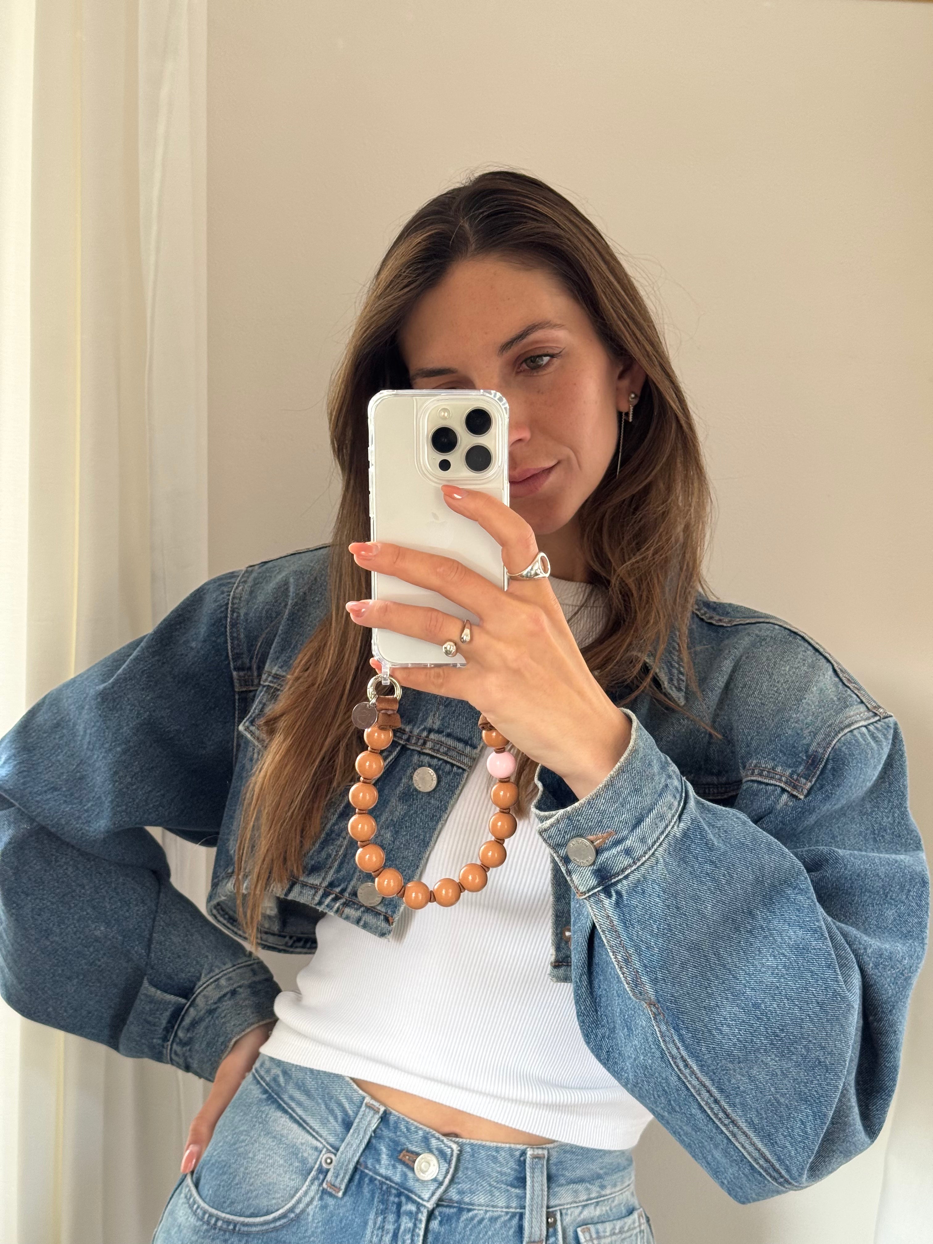 Mini korálkový popruh na telefon – Caramel Glow