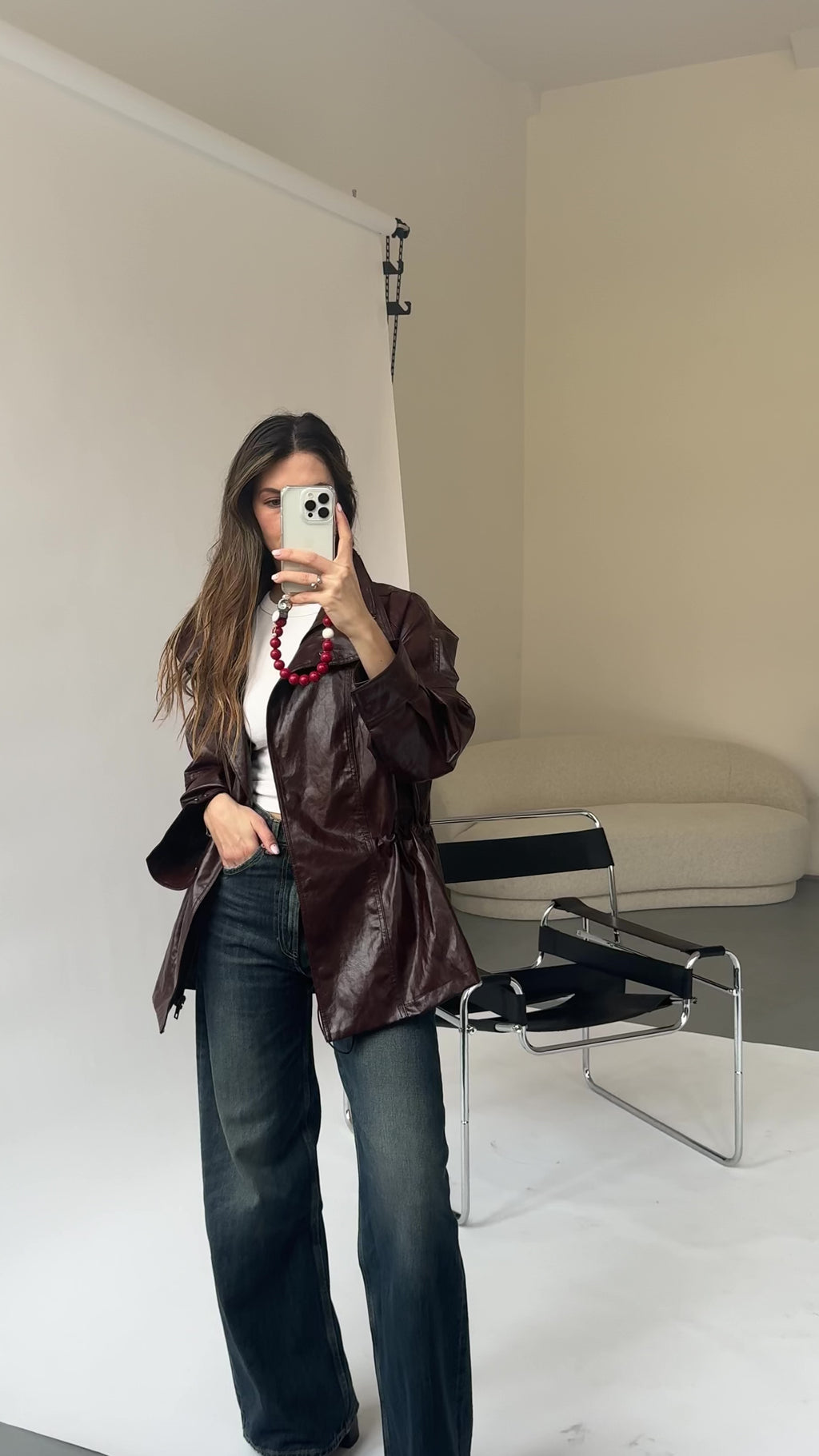 Mini korálkový popruh na telefon – Deep Red